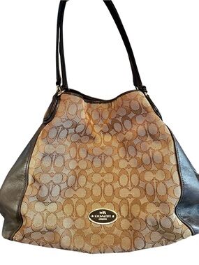 COACH Edie Jacquard Brown Shoulder Bag Khaki Leather Purse